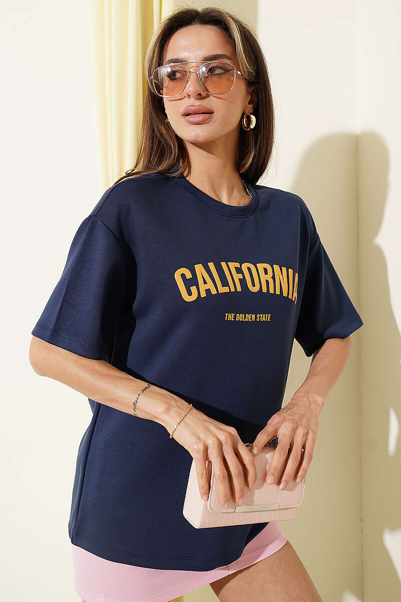 California Baskılı Modal T-shirt Lacivert