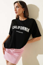 California Baskılı Modal T-shirt Siyah