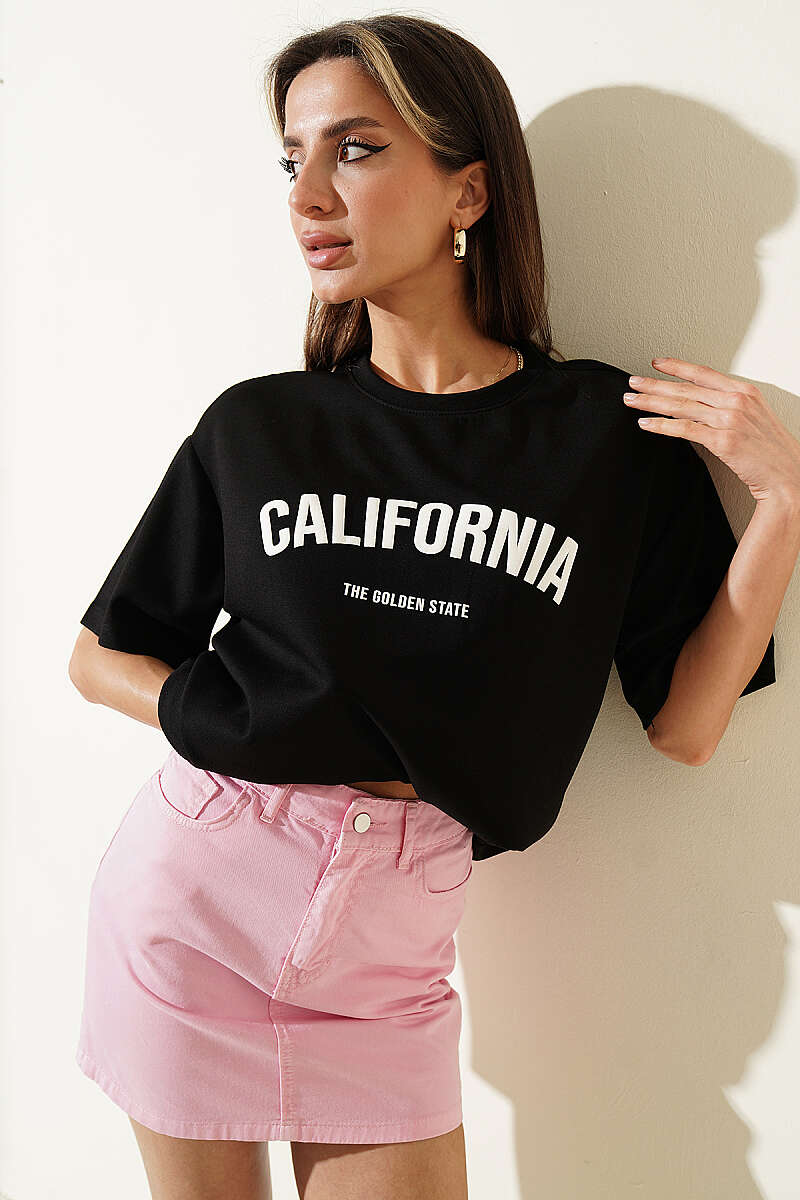 California Baskılı Modal T-shirt Siyah