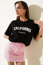 California Baskılı Modal T-shirt Siyah