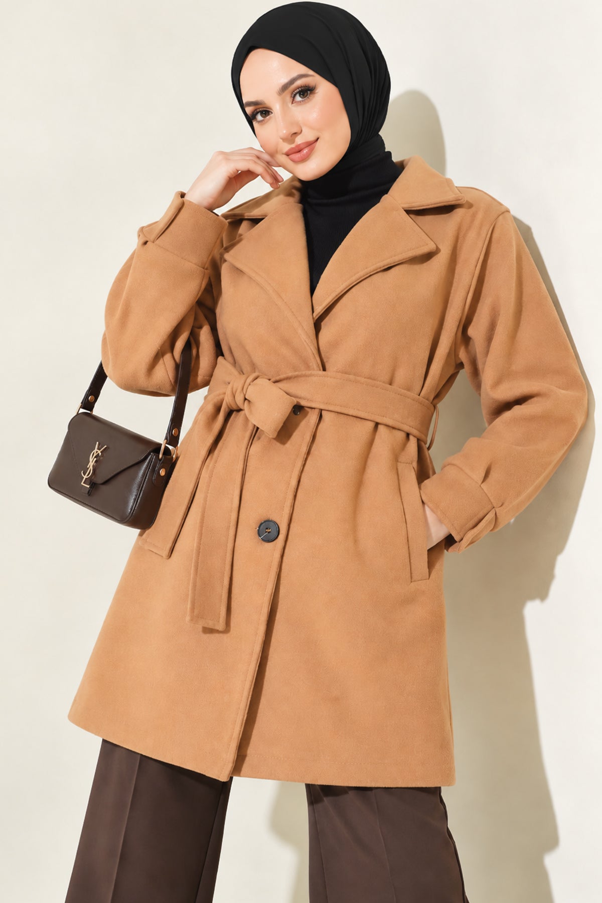 Camel Belted Coat with Pocket Flaps and Pockets