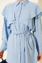 Çapraz Detaylı İp Kuşaklı Gömlek Mavi