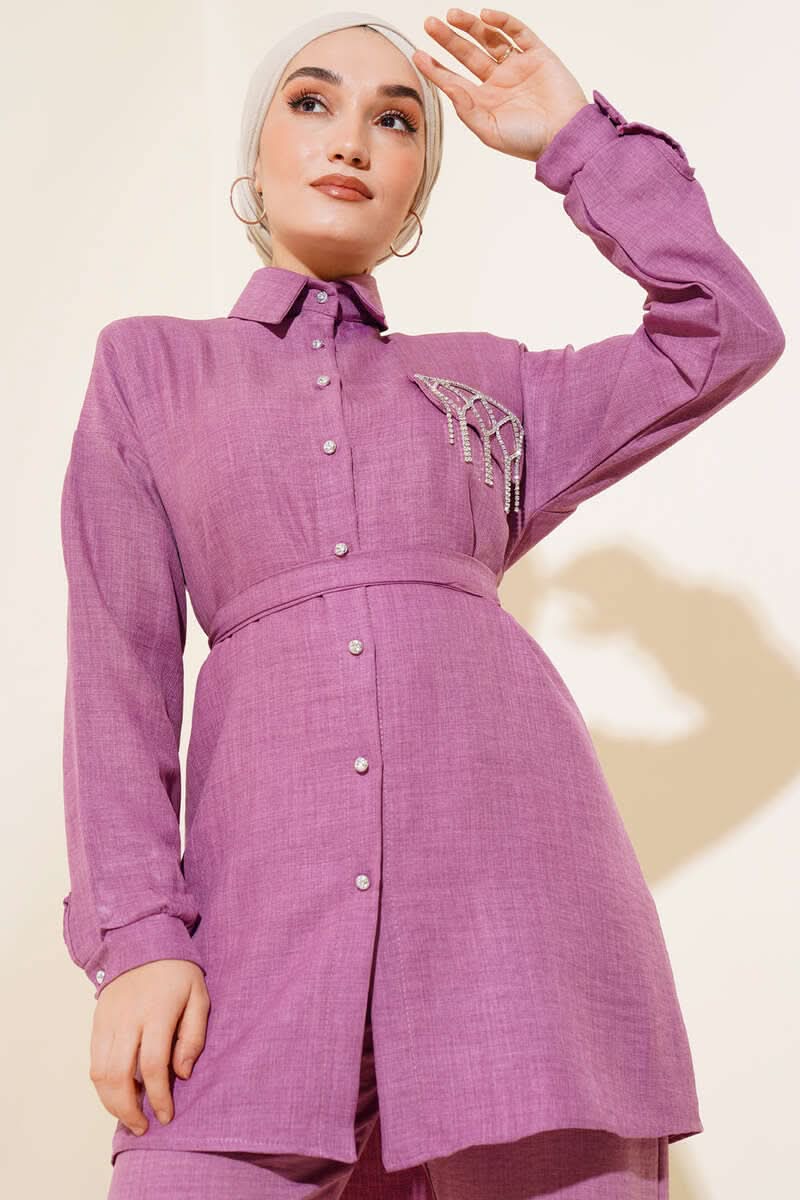 Cep Taş Detaylı Keten İkili Takım