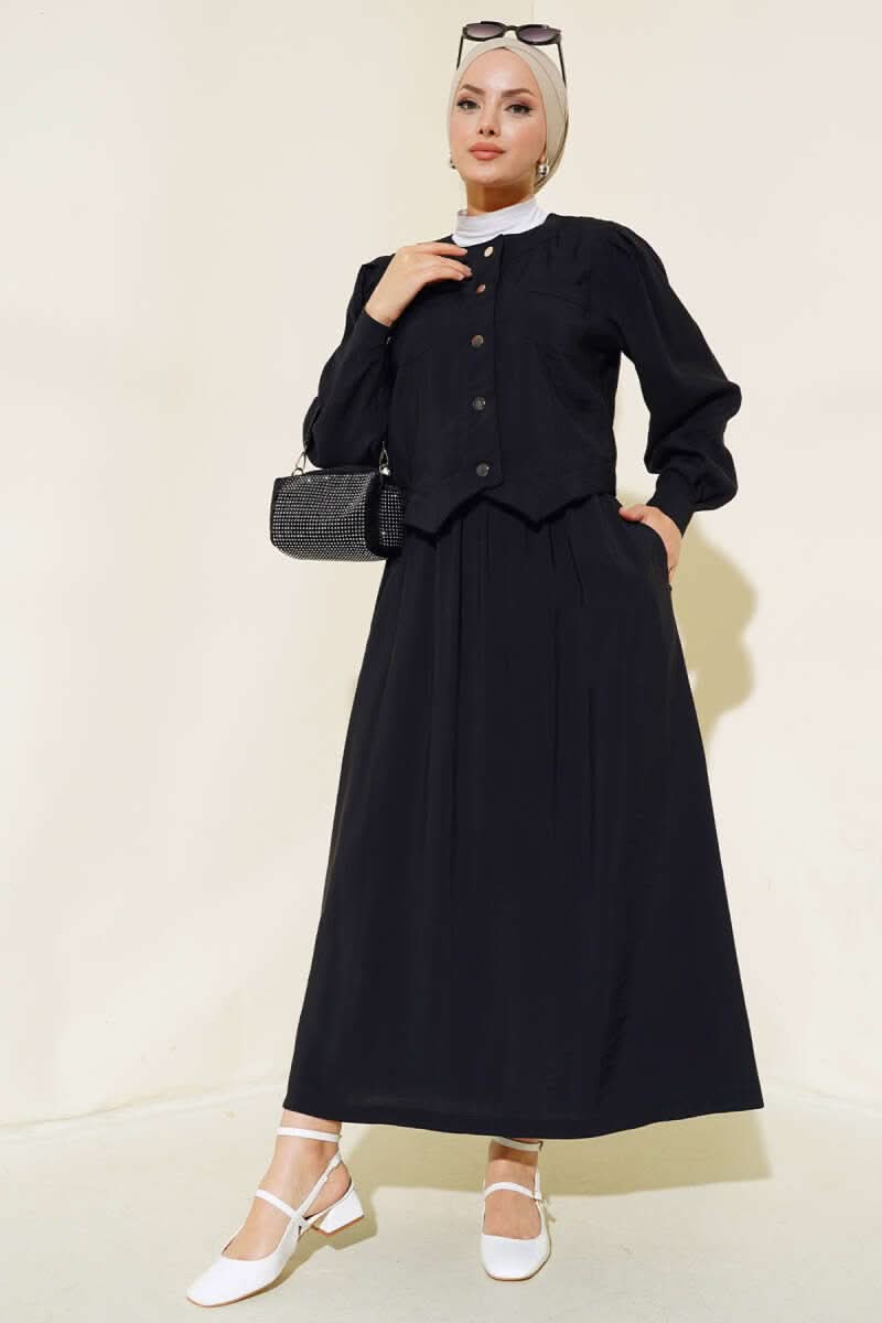 Metal Buttoned Skirted Double Set With Pockets