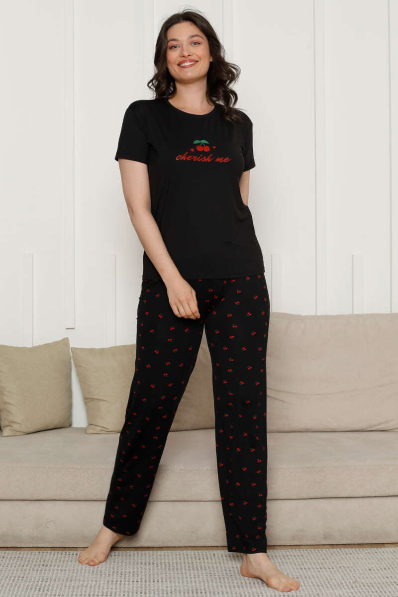 Cherish Me Baskılı Kısa Kol Pijama Takımı Siyah