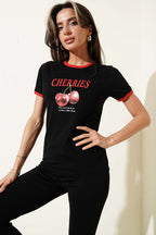 Cherries Baskılı T-shirt Siyah
