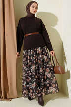 Çiçek Baskılı Güpürlü Etek