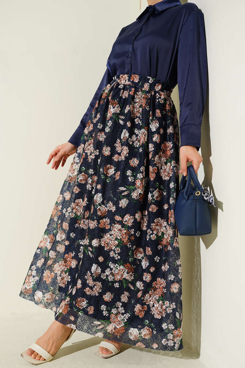 Çiçek Baskılı Güpürlü Etek Lacivert