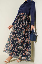 Çiçek Baskılı Güpürlü Etek Lacivert