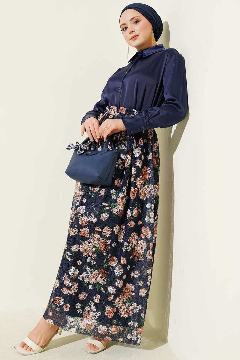 Çiçek Baskılı Güpürlü Etek Lacivert