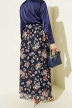 Çiçek Baskılı Güpürlü Etek Lacivert