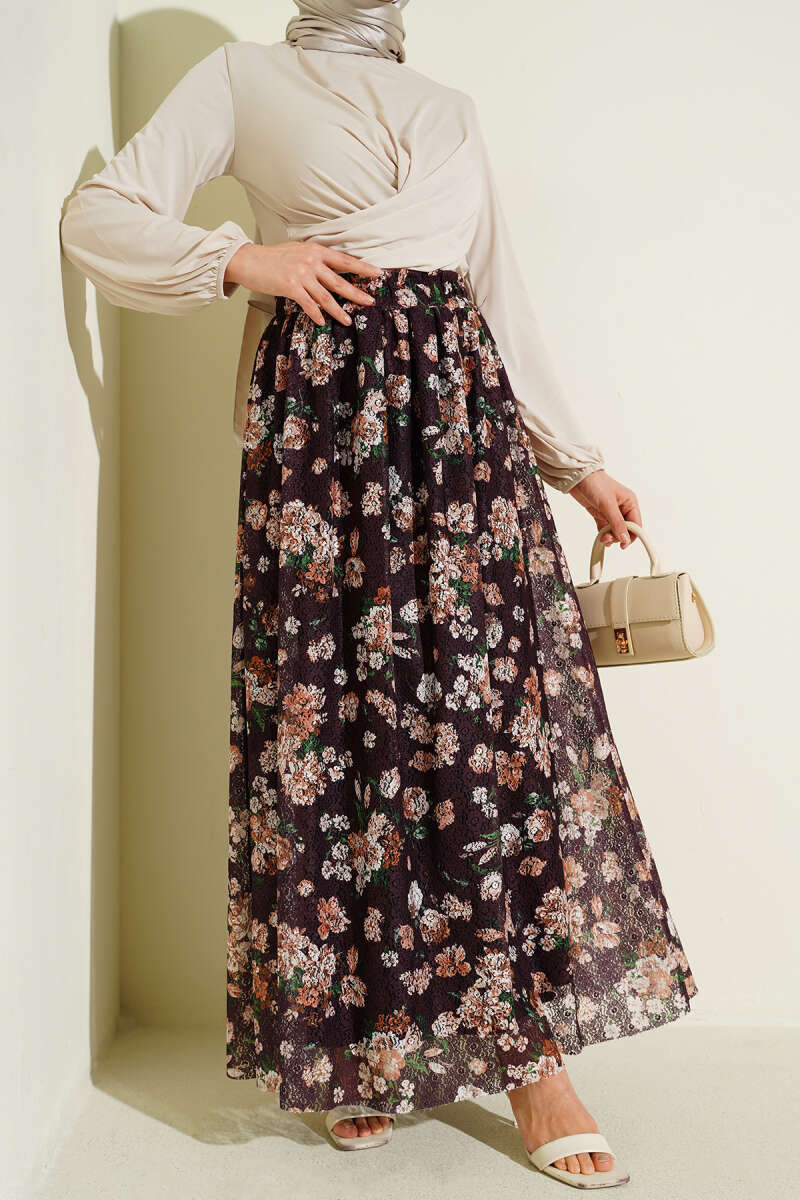 Çiçek Baskılı Güpürlü Etek