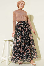 Çiçek Baskılı Güpürlü Etek Siyah