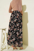 Çiçek Baskılı Güpürlü Etek Siyah