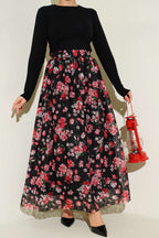 Çiçek Baskılı Güpürlü Etek Siyah Kırmızı