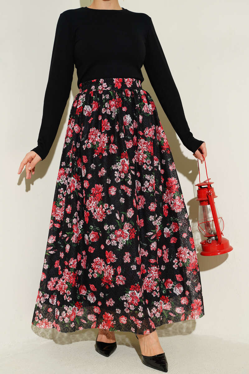 Çiçek Baskılı Güpürlü Etek Siyah Kırmızı