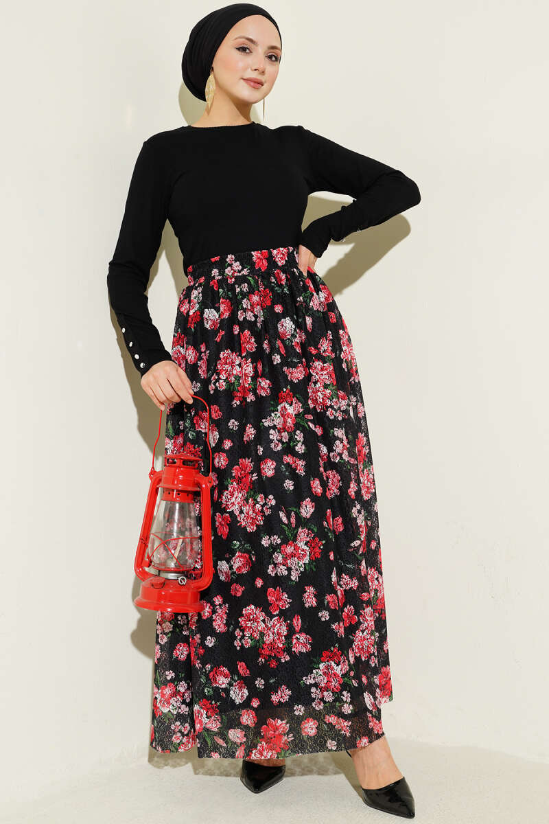 Çiçek Baskılı Güpürlü Etek Siyah Kırmızı