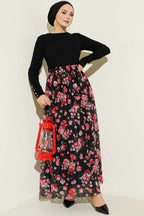 Çiçek Baskılı Güpürlü Etek Siyah Kırmızı