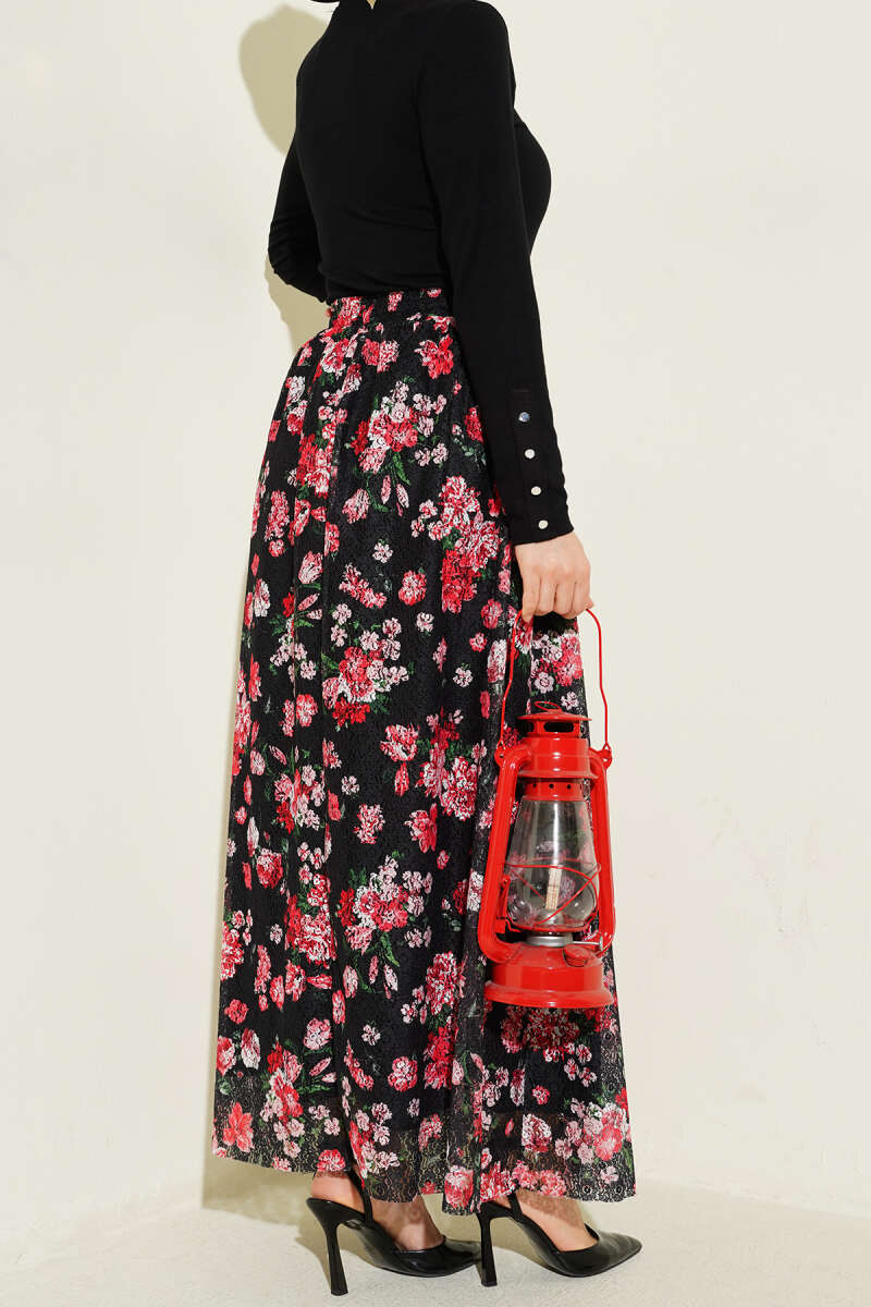 Çiçek Baskılı Güpürlü Etek Siyah Kırmızı