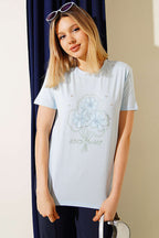 Çiçek Buketli Taşlı T-shirt Buz Mavisi