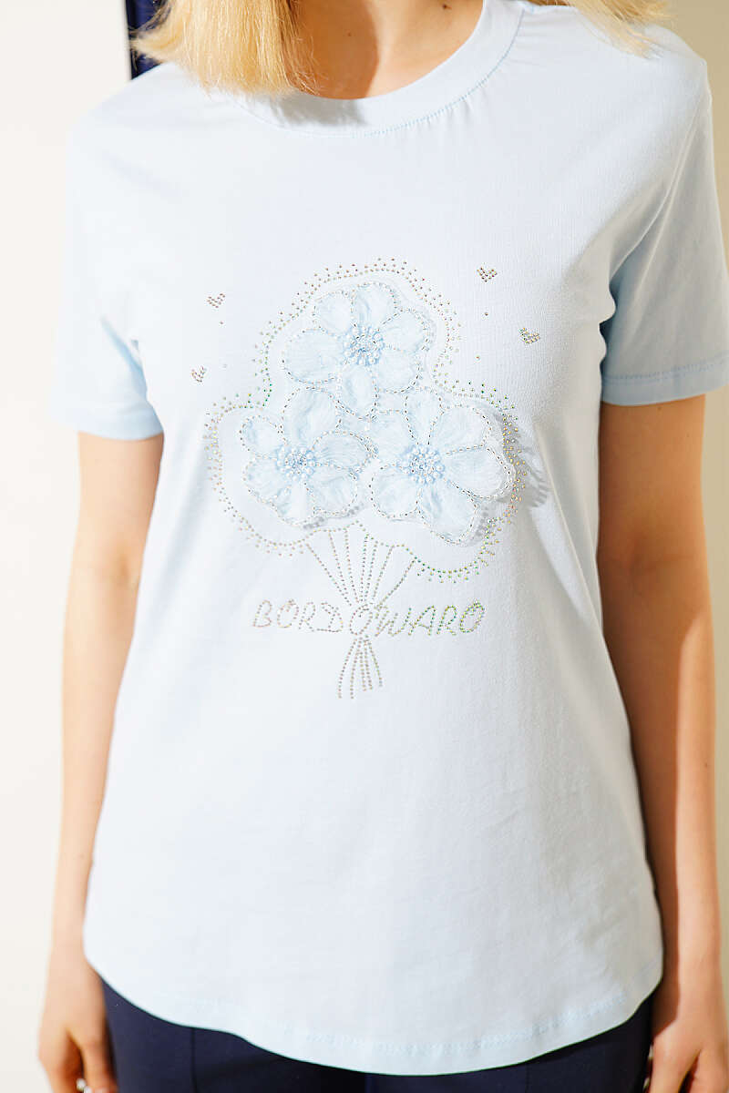 Çiçek Buketli Taşlı T-shirt Buz Mavisi