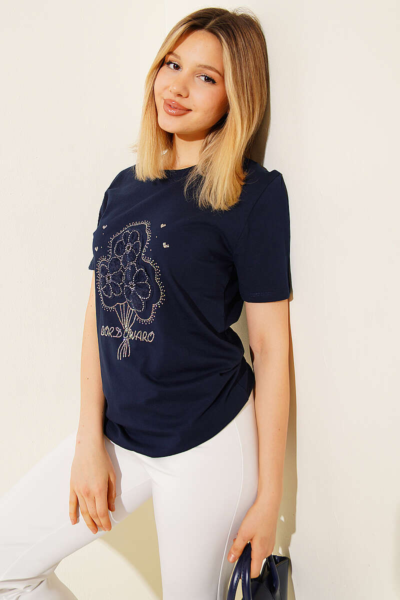 Çiçek Buketli Taşlı T-shirt Lacivert