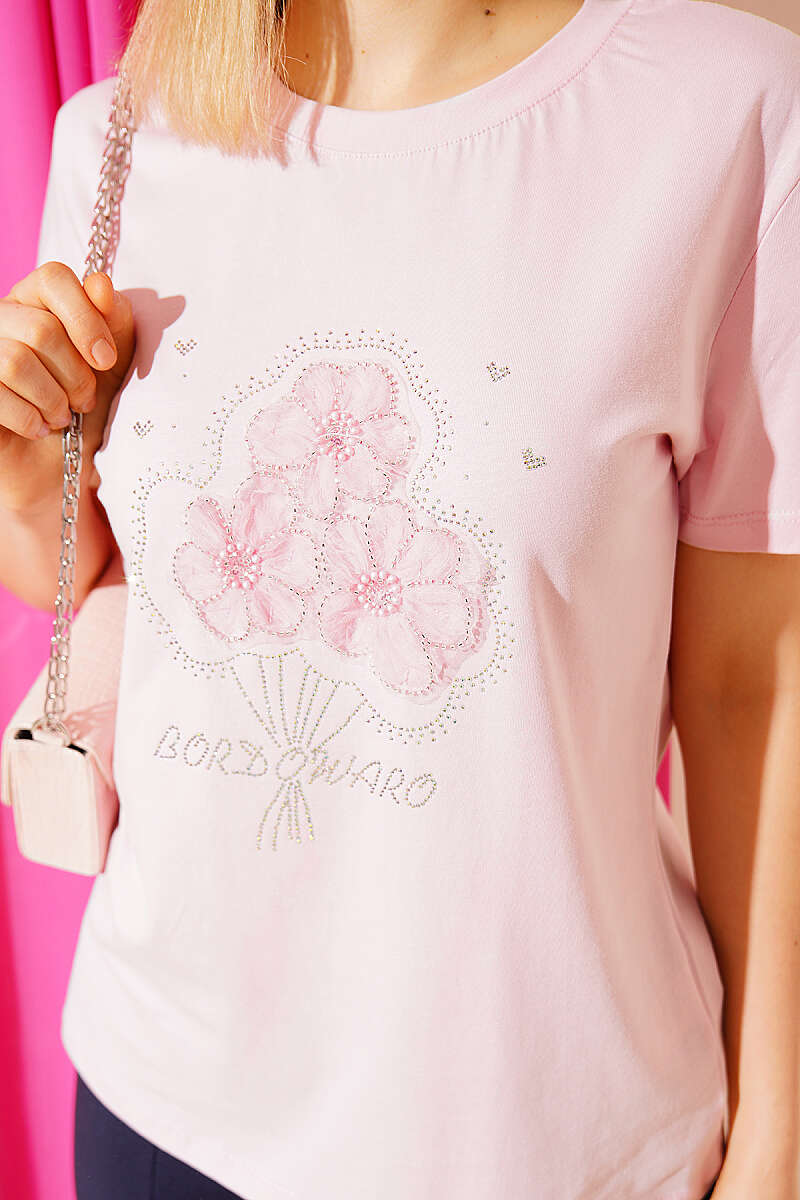 Çiçek Buketli Taşlı T-shirt