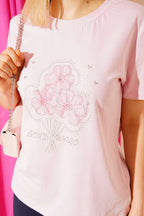 Çiçek Buketli Taşlı T-shirt