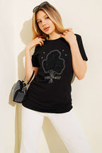 Çiçek Buketli Taşlı T-shirt Siyah