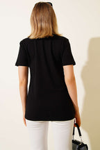 Çiçek Buketli Taşlı T-shirt Siyah