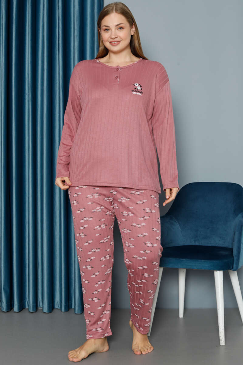 Çiçek Desen Fitilli Büyük Beden Pijama Takımı
