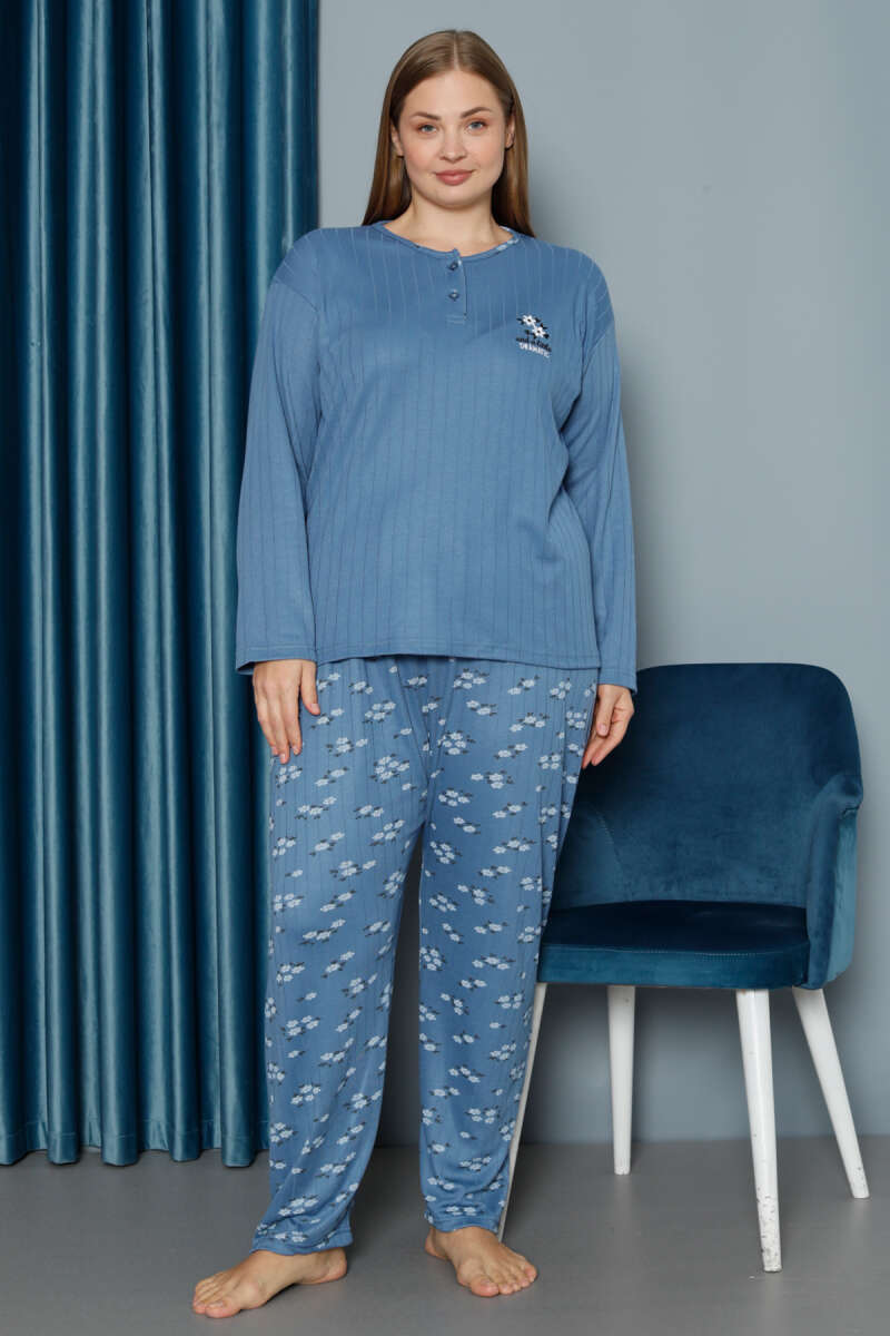 Çiçek Desen Fitilli Büyük Beden Pijama Takımı İndigo