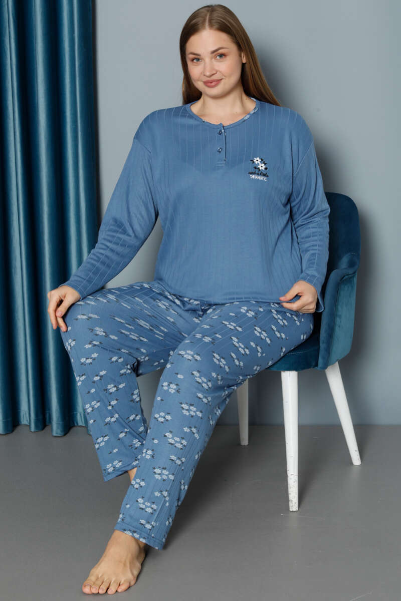 Çiçek Desen Fitilli Büyük Beden Pijama Takımı İndigo