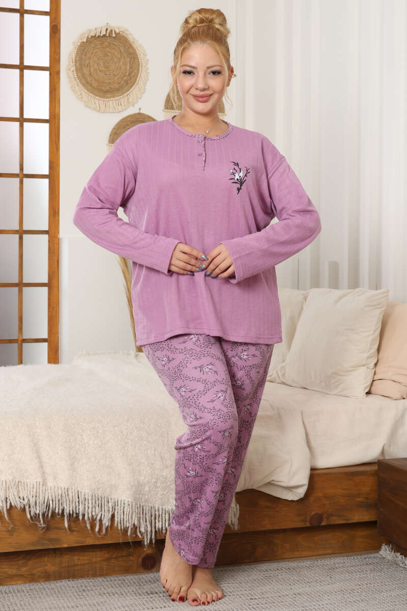 Çiçek Desenli Büyük Beden Pijama Takımı Lila