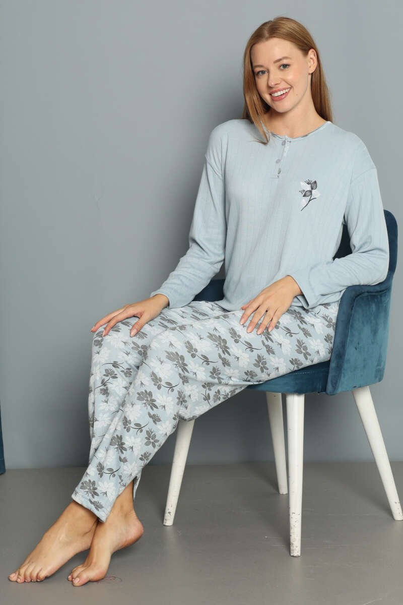 Çiçek Desenli Fitilli Pijama Takımı