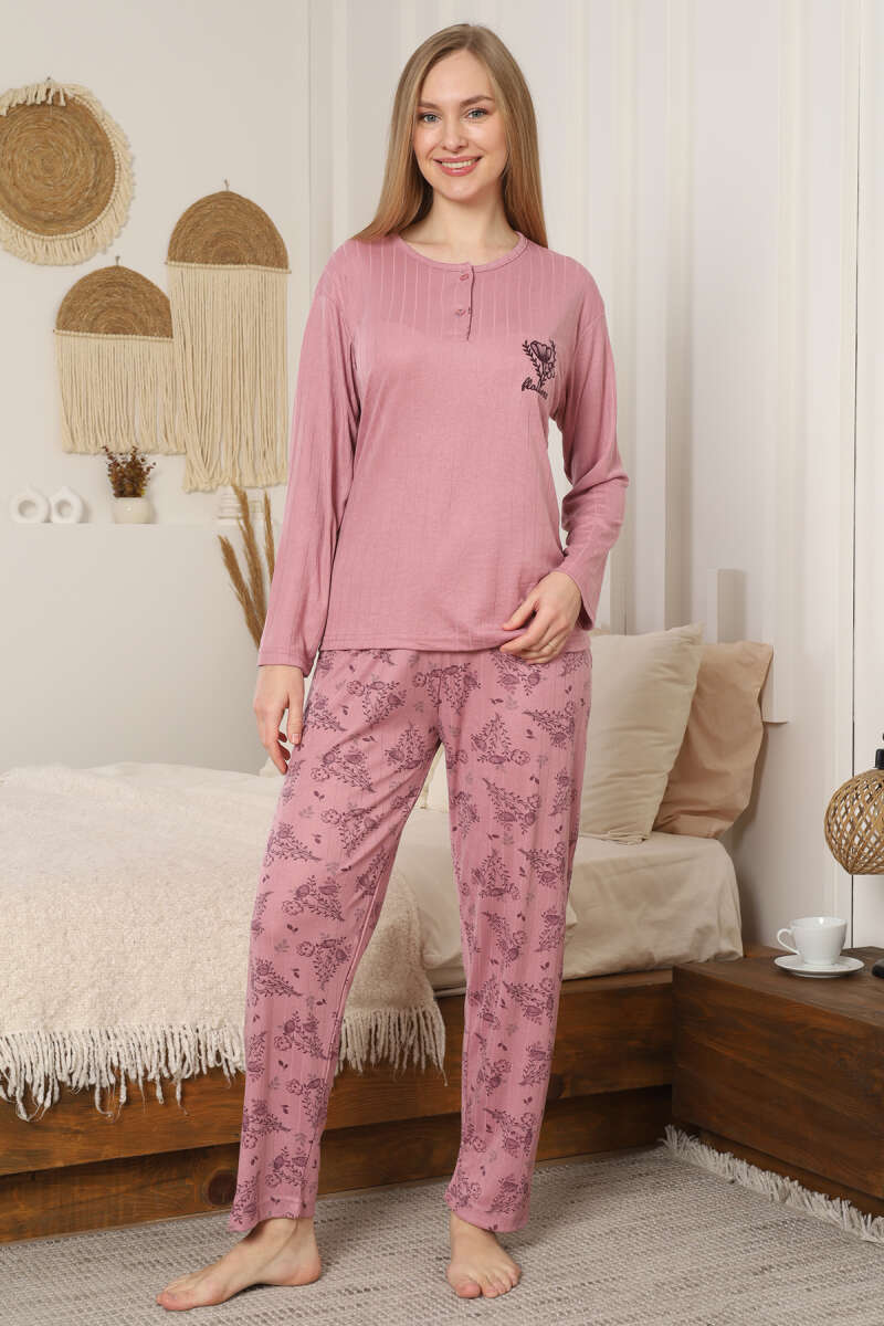 Çiçek Desenli Fitilli Uzun Kol Pijama Takımı
