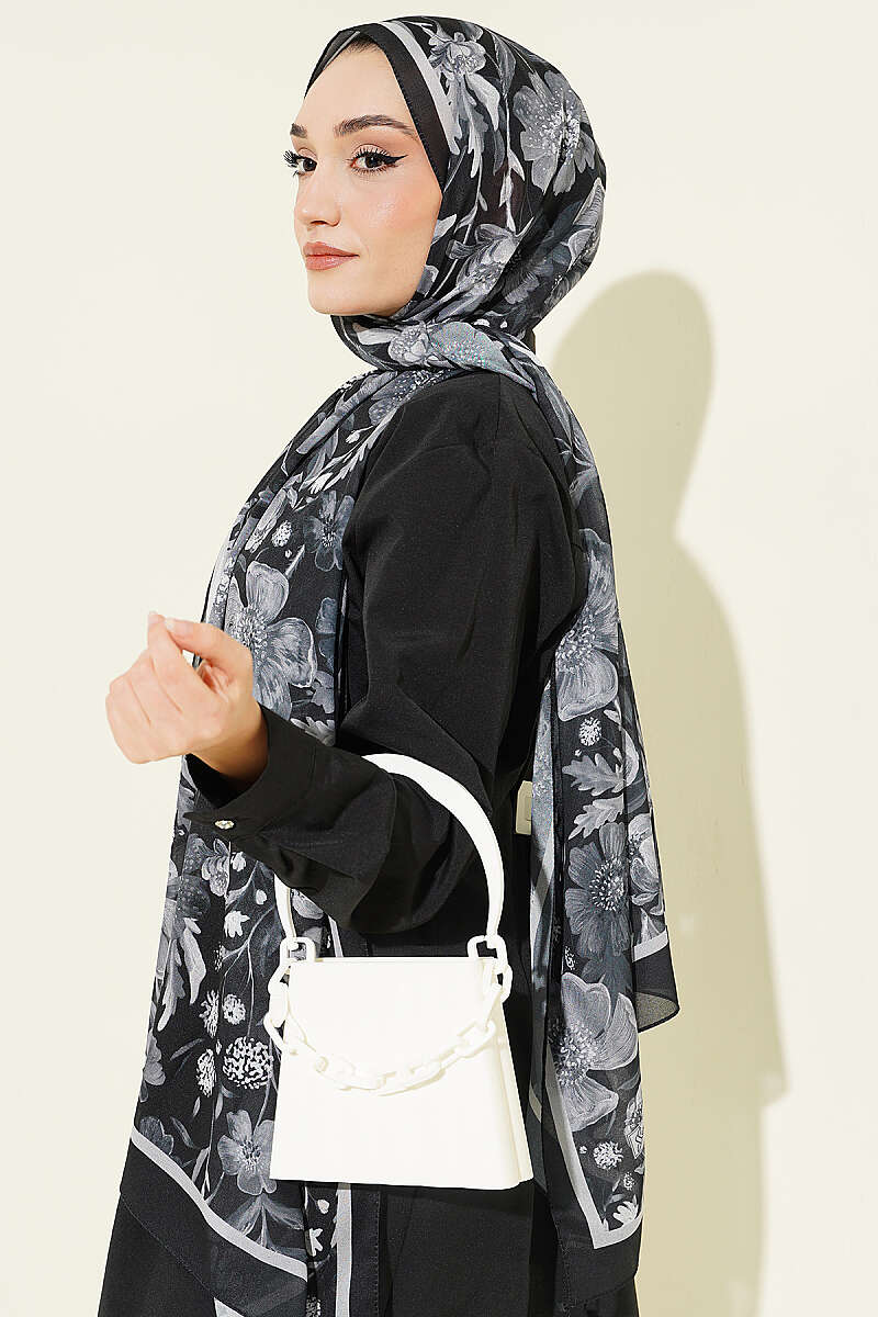 Çiçek Desenli İtalyan Şifon Şal Siyah
