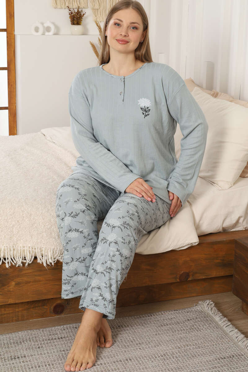 Çiçek Detaylı Büyük Beden Kadın Pijama Takımı Çağla Yeşili