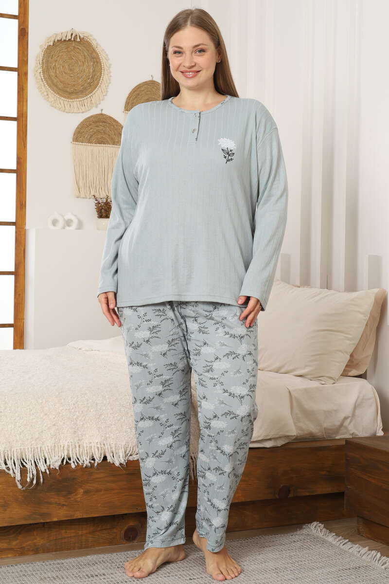 Çiçek Detaylı Büyük Beden Kadın Pijama Takımı Çağla Yeşili