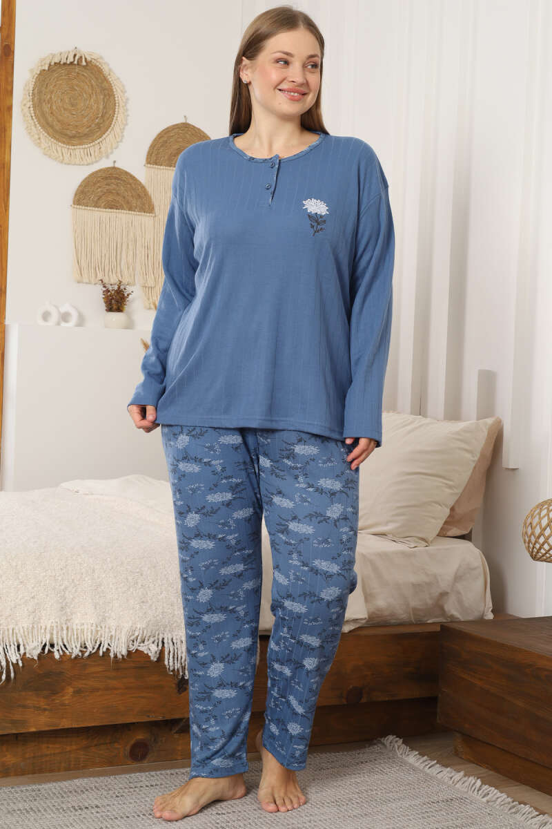 Çiçek Detaylı Büyük Beden Kadın Pijama Takımı İndigo