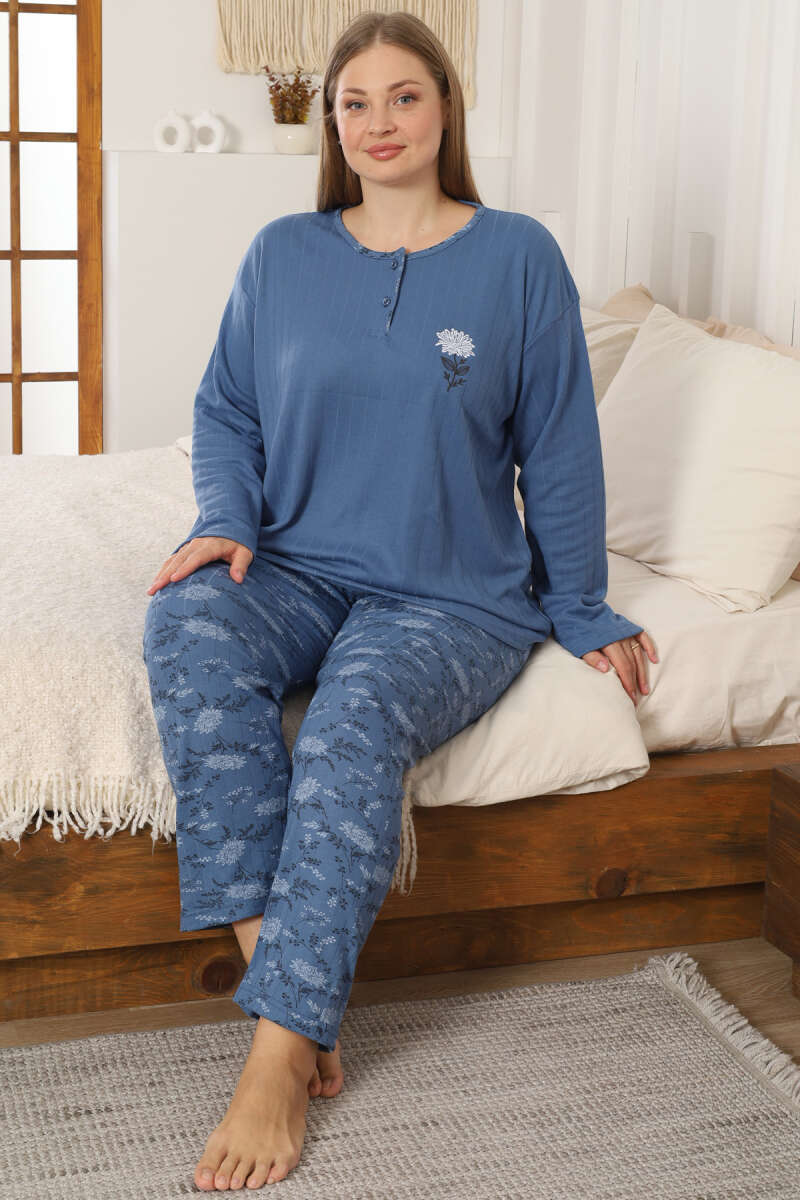 Çiçek Detaylı Büyük Beden Kadın Pijama Takımı İndigo