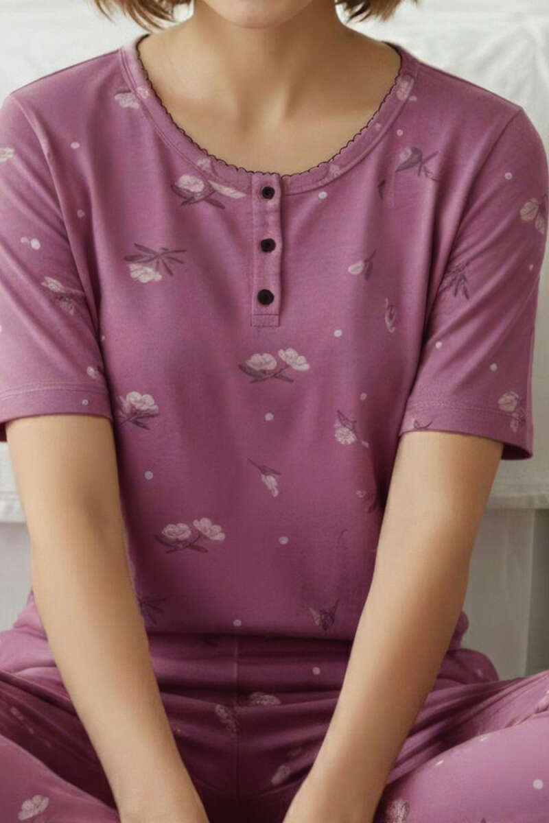 Çiçek Detaylı Düğmeli Kısa Kol Pijama Takımı