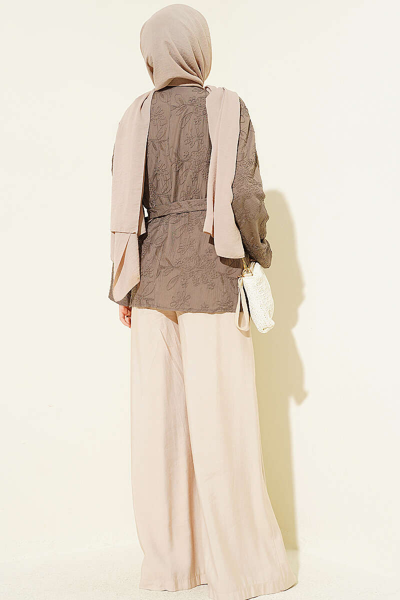 Çiçek İşlemeli Bağlamalı Kimono Vizon
