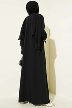 Çiçek Motifli Kuşaklı Abaya Siyah