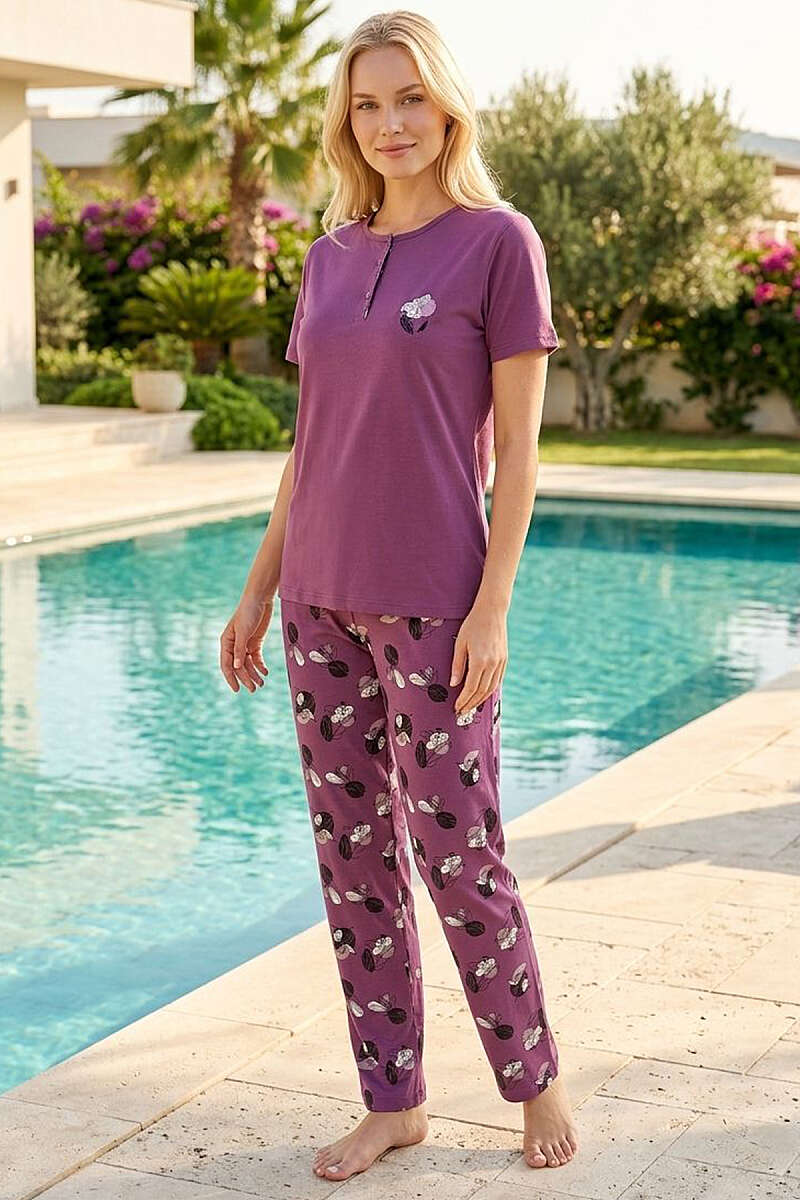 Çiçek Nakış Düğmeli Kısa Kol Pijama Takım