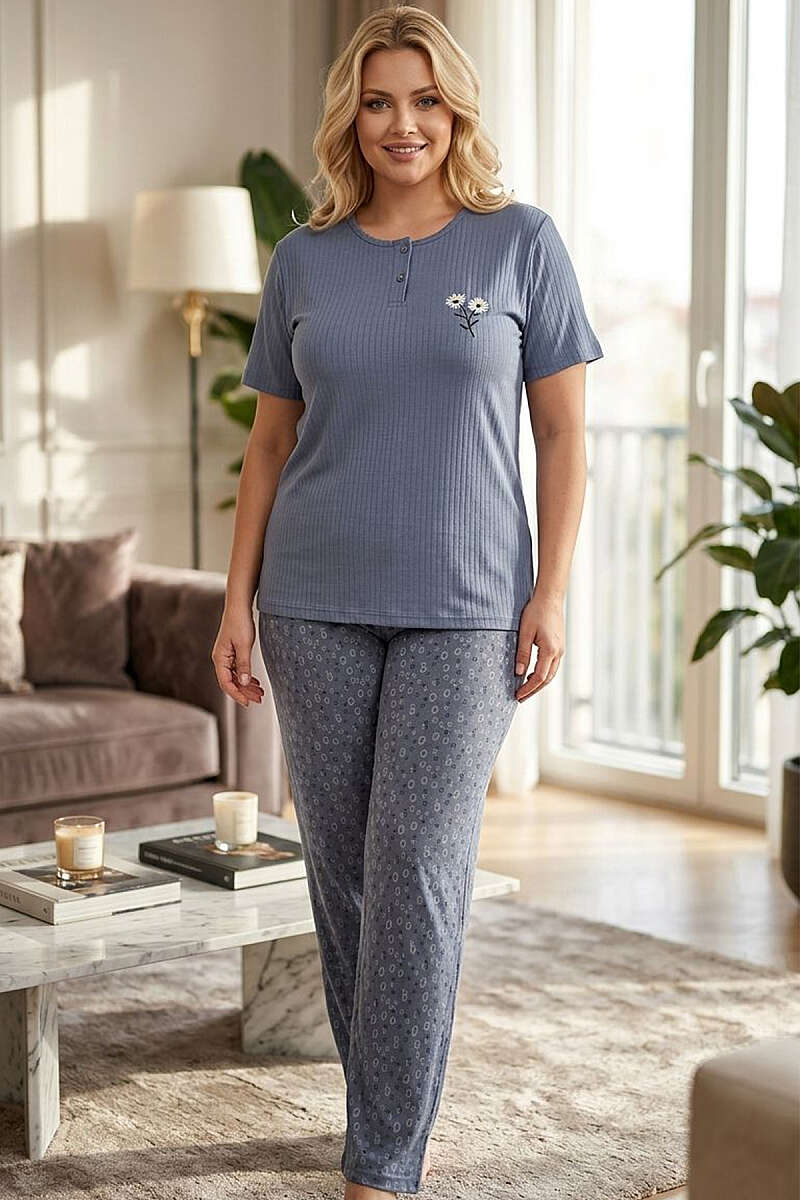 Çiçek Nakış Kısa Kol Büyük Beden Pijama Takımı Gri