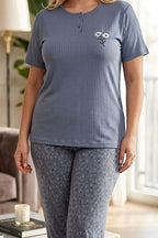Çiçek Nakış Kısa Kol Büyük Beden Pijama Takımı Gri