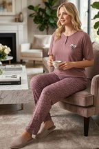 Çiçek Nakış Kısa Kol Büyük Beden Pijama Takımı