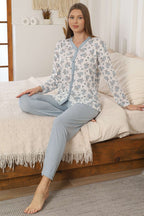 Çiçek Nakışlı Düğmeli Pijama Takımı Su Yeşili