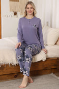 Çiçek Nakışlı Uzun Kol Pijama Takımı Lila